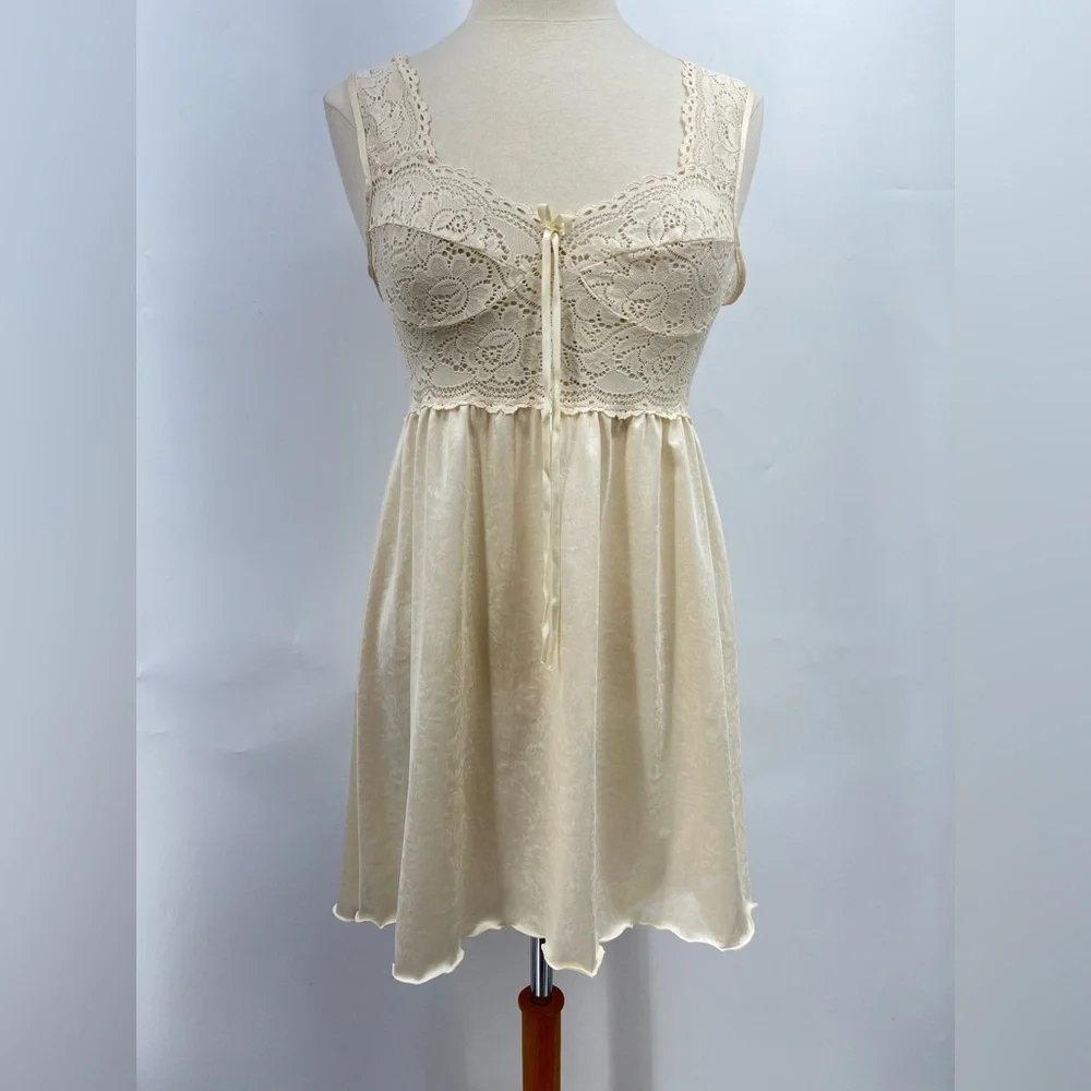 Vintage M Ivory Nylon Lace Slip Dress bustier 0216 Romantic wedding medium